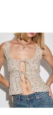 Motel Esau Tie-Front Floral Tank Top Ivory Ditsy Sz M boho coastal